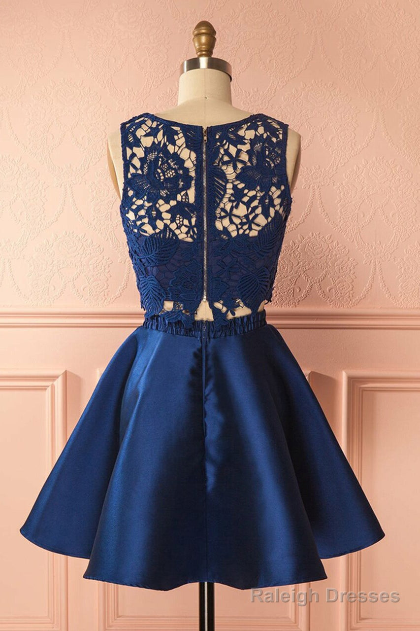 A-Line Two Piece Jewel Satin Homecoming Dresses With Lace