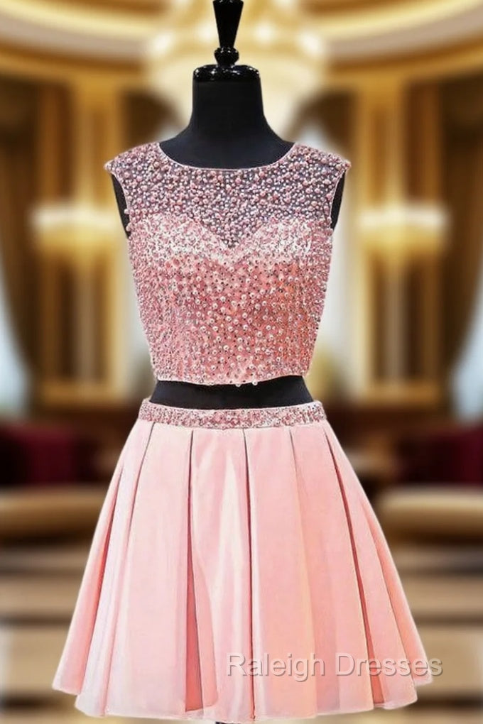 A-line Two Piece Short Pink Backless Short Homecoming Dresses