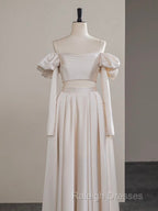 A-Line Two Pieces Satin Champagne Long Prom Dress, Champagne Formal Dress