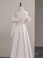 A-Line Two Pieces Satin Champagne Long Prom Dress, Champagne Formal Dress