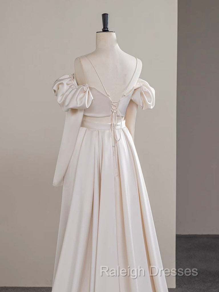 A-Line Two Pieces Satin Champagne Long Prom Dress, Champagne Formal Dress