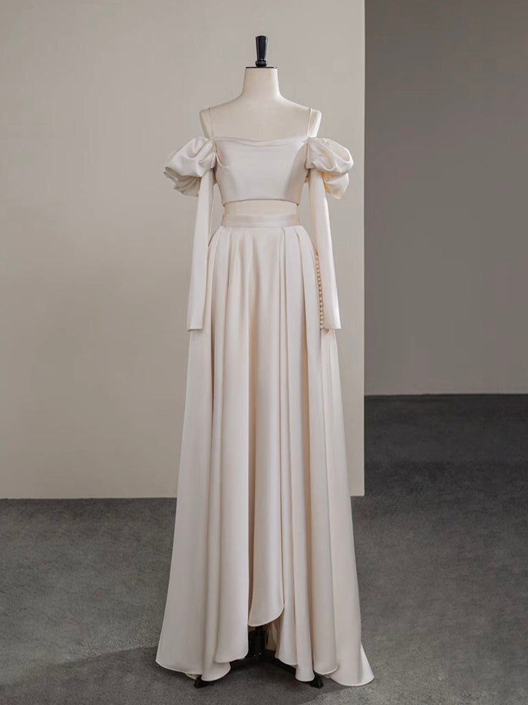 A-Line Two Pieces Satin Champagne Long Formal Prom Dress, Champagne Long Formal Dress Main image
