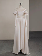 A-Line Two Pieces Satin Champagne Long Formal Prom Dress, Champagne Long Formal Dress