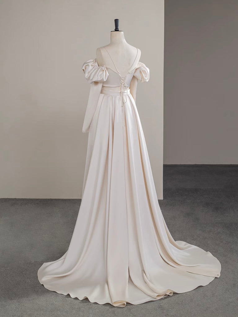 A-Line Two Pieces Satin Champagne Long Formal Prom Dress, Champagne Long Formal Dress Secondary image