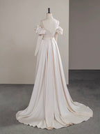 A-Line Two Pieces Satin Champagne Long Formal Prom Dress, Champagne Long Formal Dress