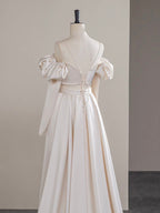 A-Line Two Pieces Satin Champagne Long Formal Prom Dress, Champagne Long Formal Dress