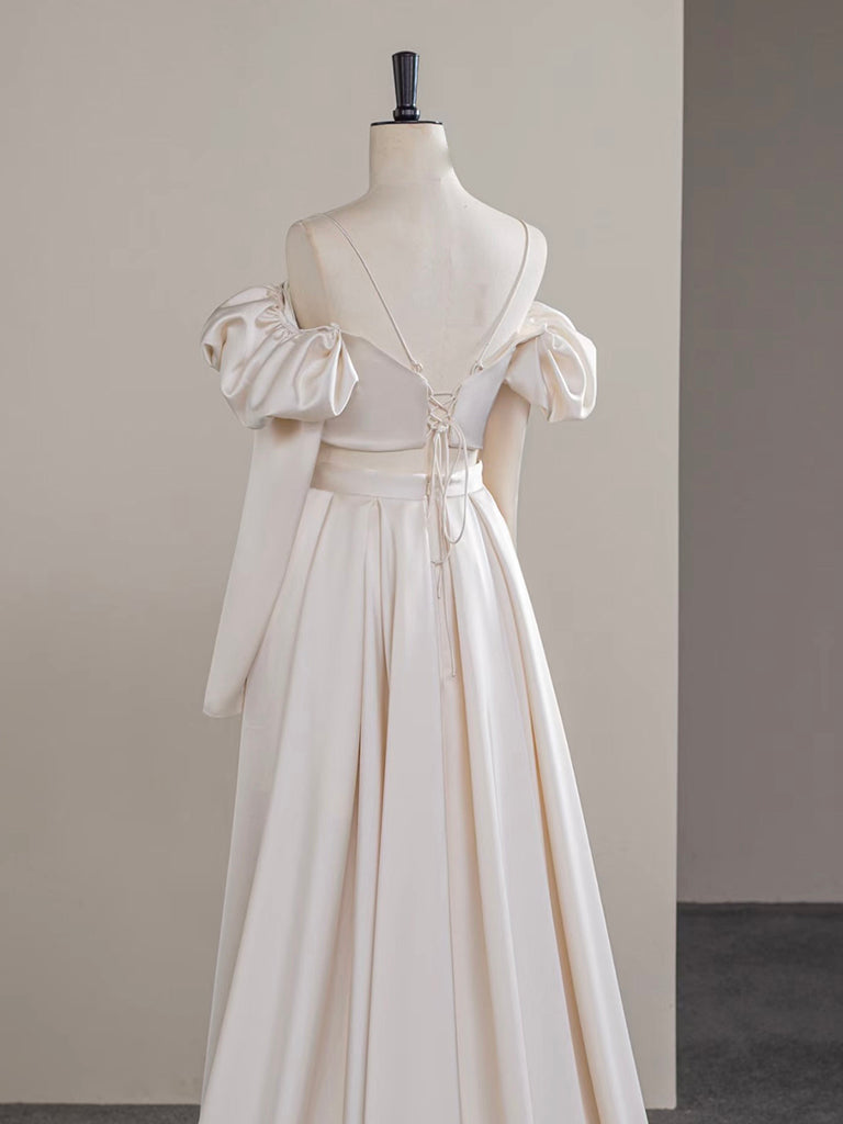 A-Line Two Pieces Satin Champagne Long Formal Prom Dress, Champagne Long Formal Dress