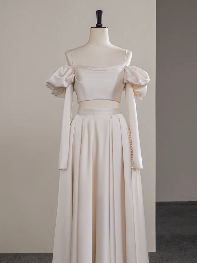 A-Line Two Pieces Satin Champagne Long Formal Prom Dress, Champagne Long Formal Dress