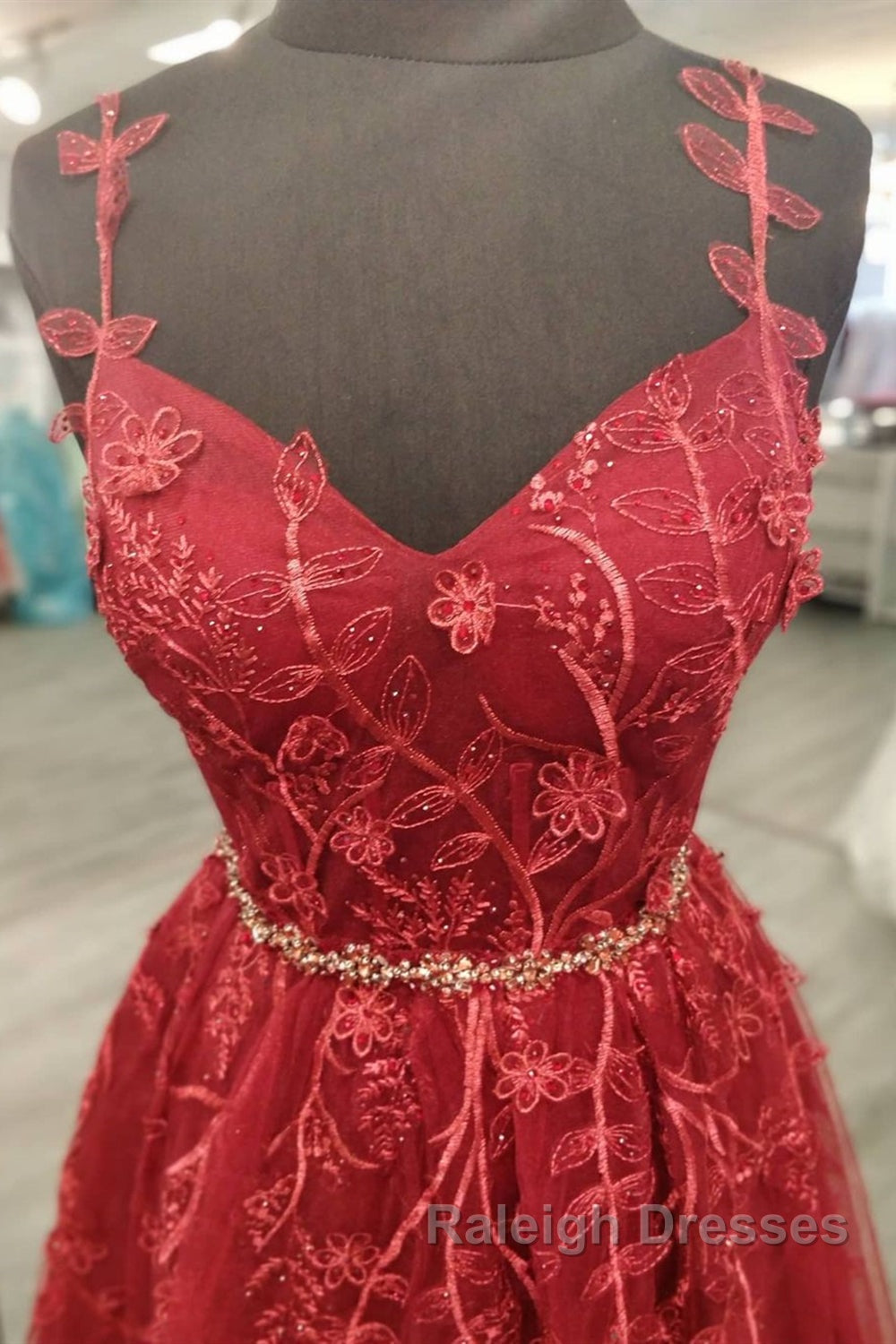A Line V Neck and V Back Burgundy Lace Floral Long Prom Dresses Burgundy Lace Prom Dresses Secondary image
