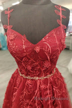 A Line V Neck and V Back Burgundy Lace Floral Long Prom Dresses Burgundy Lace Prom Dresses