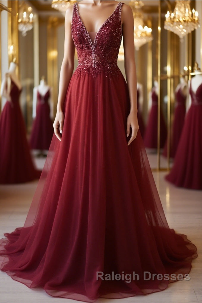 A Line V Neck and V Back Long Beading Lace Burgundy Prom Dress, Lace Burgundy Formal Graduation Evening Dress