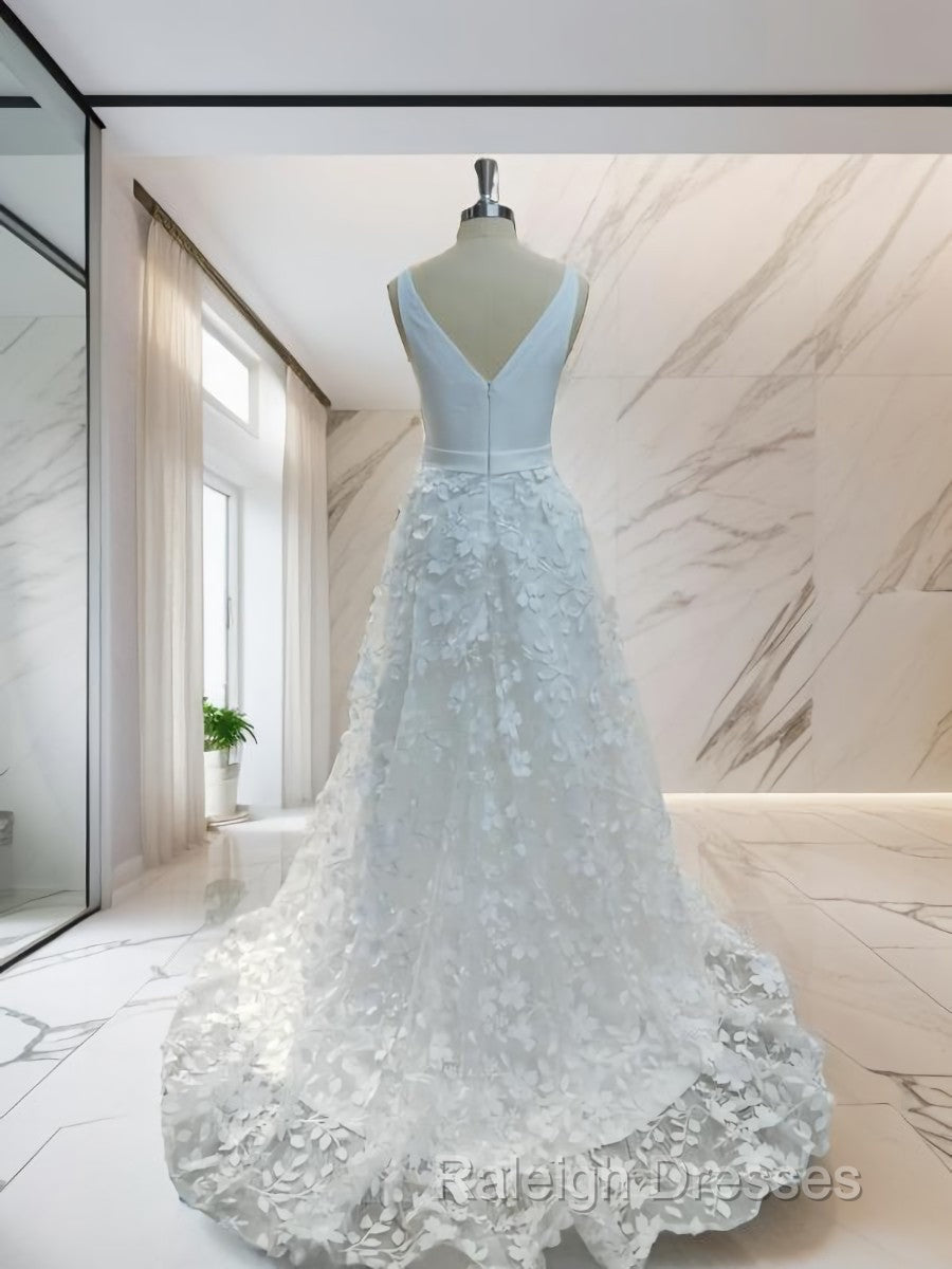 A-Line V-Neck Applique Sweep Train Stretch Crepe Wedding Dresses