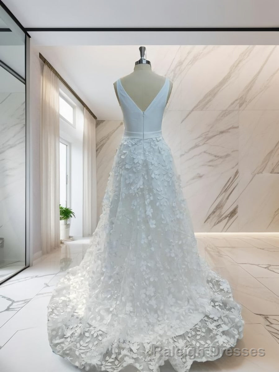 A-line V-neck Applique Sweep Train Stretch Crepe Wedding Dress