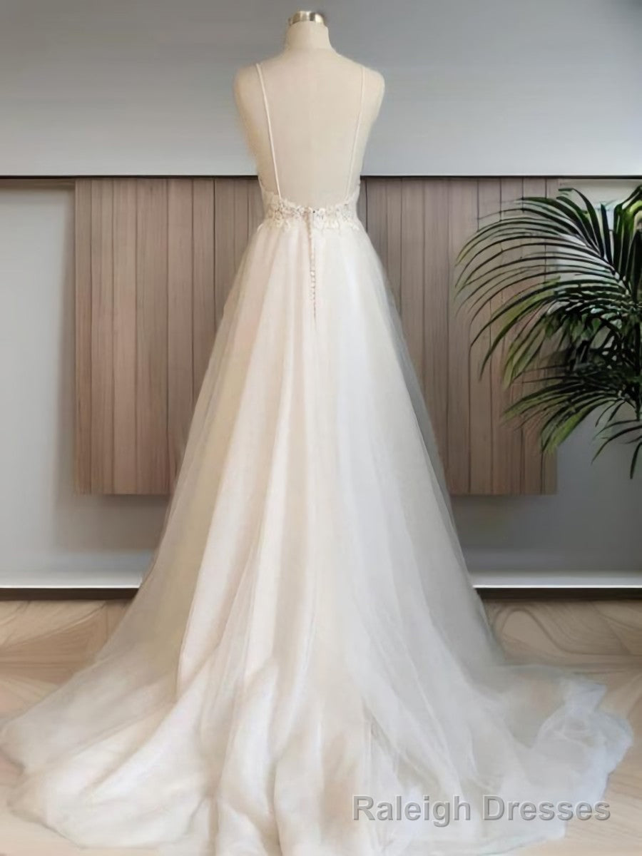 A Line V Neck Applique Sweep Train Tulle Wedding Dress Secondary image