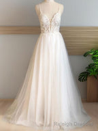 A Line V Neck Applique Sweep Train Tulle Wedding Dress