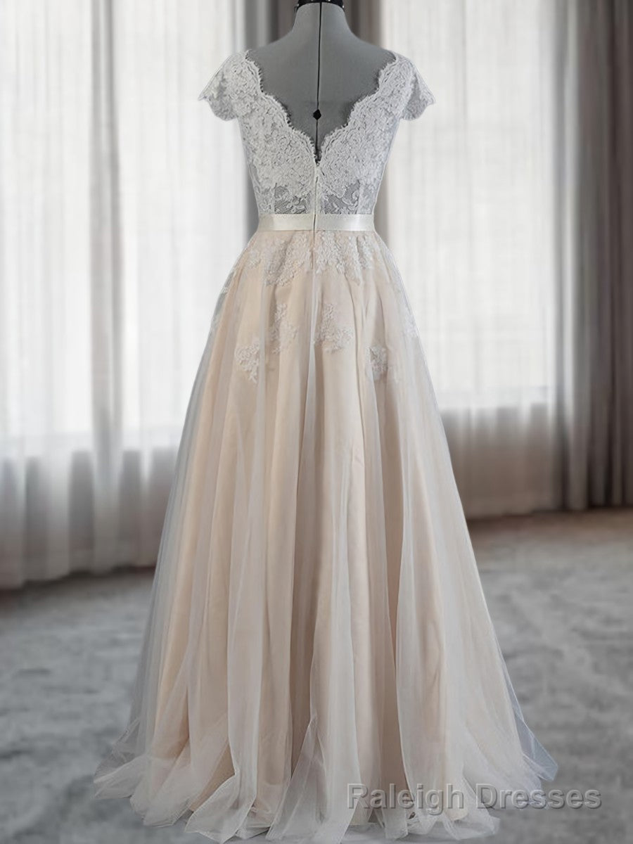 A Line V Neck Appliques Lace Floor Length Lace Wedding Dress Secondary image