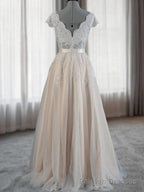 A Line V Neck Appliques Lace Floor Length Lace Wedding Dress