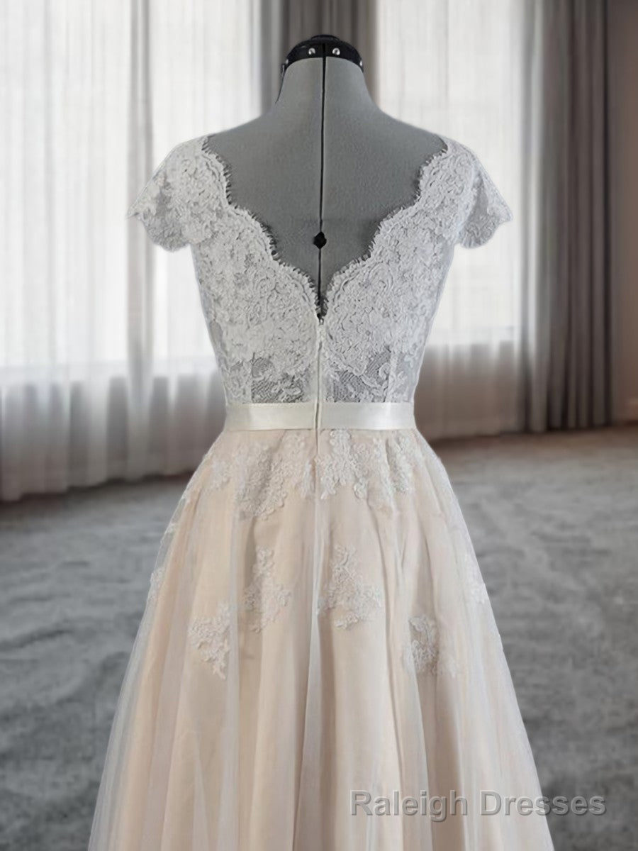A Line V Neck Appliques Lace Floor Length Lace Wedding Dress