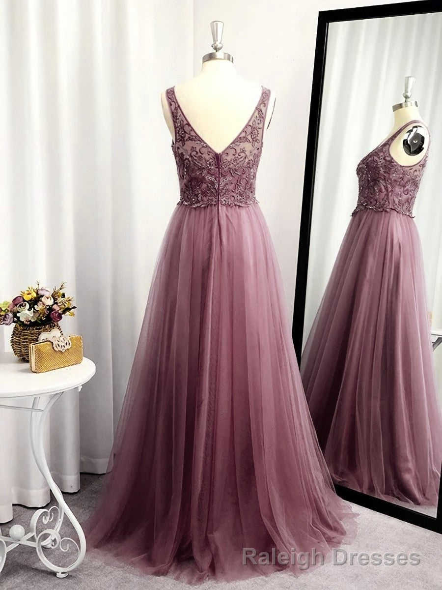A-line V-neck Appliques Lace Floor-Length Tulle Dress Secondary image