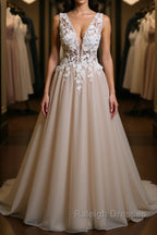 A Line V Neck Appliques Lace Prom Dress, Lace Formal Graduation Evening Dress