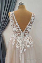 A Line V Neck Appliques White Lace Champagne Prom Dress, Champagne Lace Formal Graduation Evening Dress