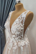 A-Line V Neck Appliques White Lace Champagne Prom Dresses Champagne Lace Prom Graduation Prom Dresses