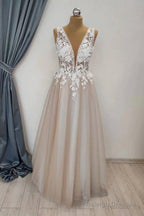A-Line V Neck Appliques White Lace Champagne Prom Dresses Champagne Lace Prom Graduation Prom Dresses