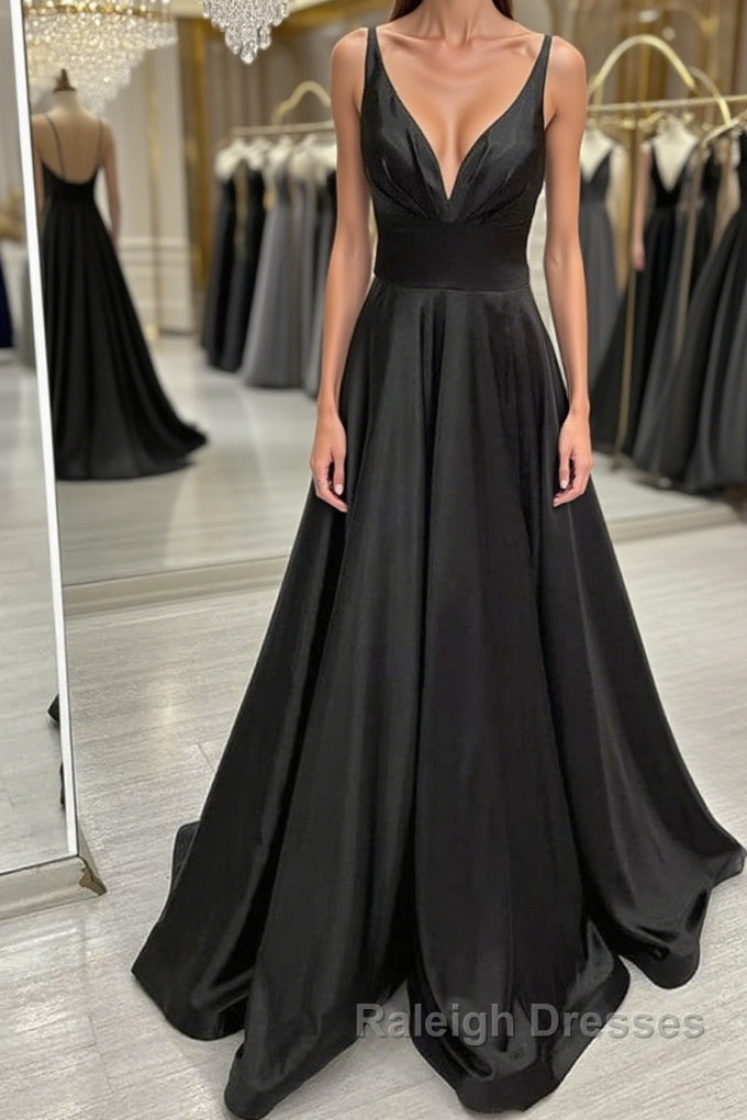 A Line V Neck Backless Black Long Prom Dresses, V Neck Black Formal Dresses, Backless Black Evening Dresses Main image