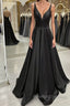 A Line V Neck Backless Black Long Prom Dresses, V Neck Black Formal Dresses, Backless Black Evening Dresses