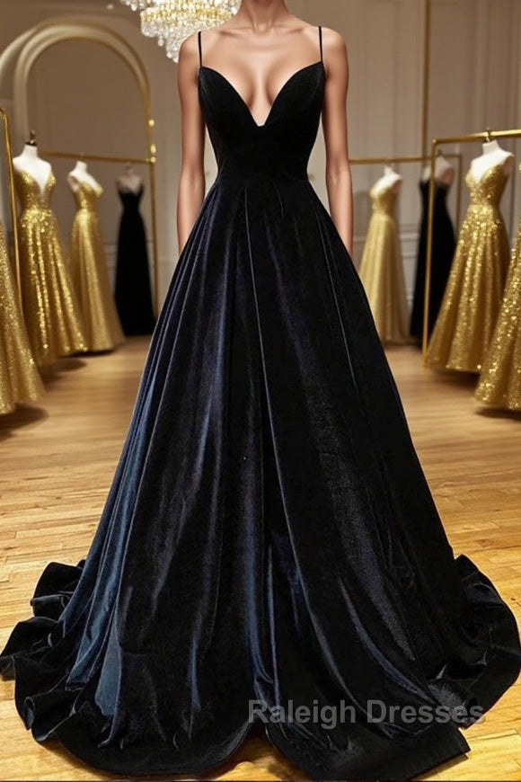 A Line V Neck Backless Black Velvet Long Prom Dresses, V Neck Black Formal Dresses, Black Velvet Evening Dresses Main image
