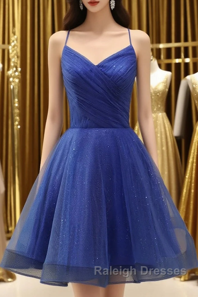A Line V Neck Backless Blue Tulle Prom Dress, Backless Blue Homecoming Dress, Short Blue Formal Evening Dress
