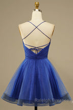 A Line V Neck Backless Blue Tulle Prom Dresses Backless Blue Homecoming Dresses Short Blue Prom Dresses