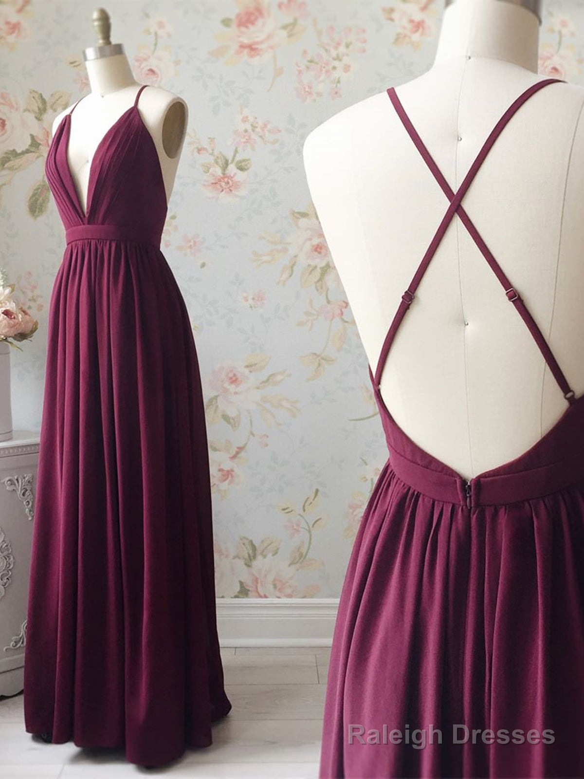 A Line V Neck Backless Burgundy Prom Dresses, V Neck Backless Burgundy Formal Bridesmaid Dresses Main image