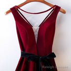 A Line V Neck Backless Burgundy Tea Length Prom Dresses, Tea Length Burgundy Backless Formal Graduation Evening Dresses