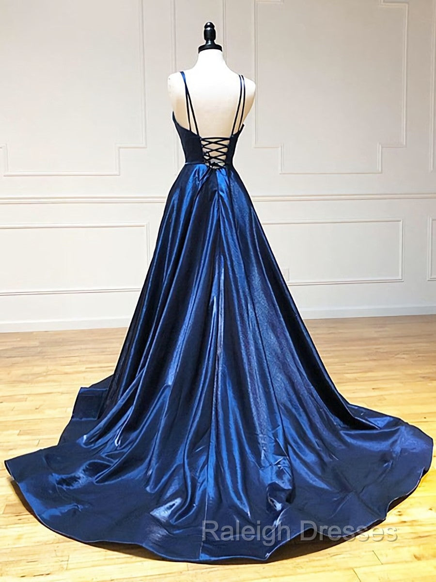 A Line V Neck Backless Dark Navy Blue Prom Dresses, Open Back Navy Blue Formal Prom Dresses Secondary image