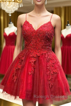A Line V Neck Backless Lace Red Short Prom Dress Homecoming Dress, Backless Red Lace Formal Graduation Evening Dress