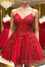 A Line V Neck Backless Lace Red Short Prom Dress Homecoming Dress, Backless Red Lace Formal Graduation Evening Dress