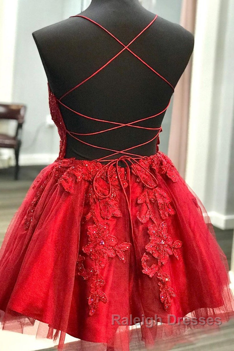 A Line V Neck Backless Lace Red Short Prom Dress Homecoming Dress, Backless Red Lace Formal Graduation Evening Dress Secondary image