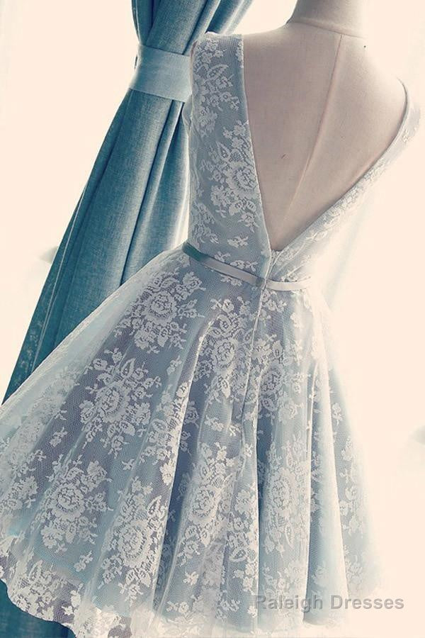 A-Line V-Neck Backless Light Blue Lace Homecoming Dress With Belt