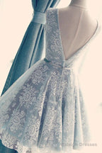 A-Line V-Neck Backless Light Blue Lace Homecoming Dresses With Belt