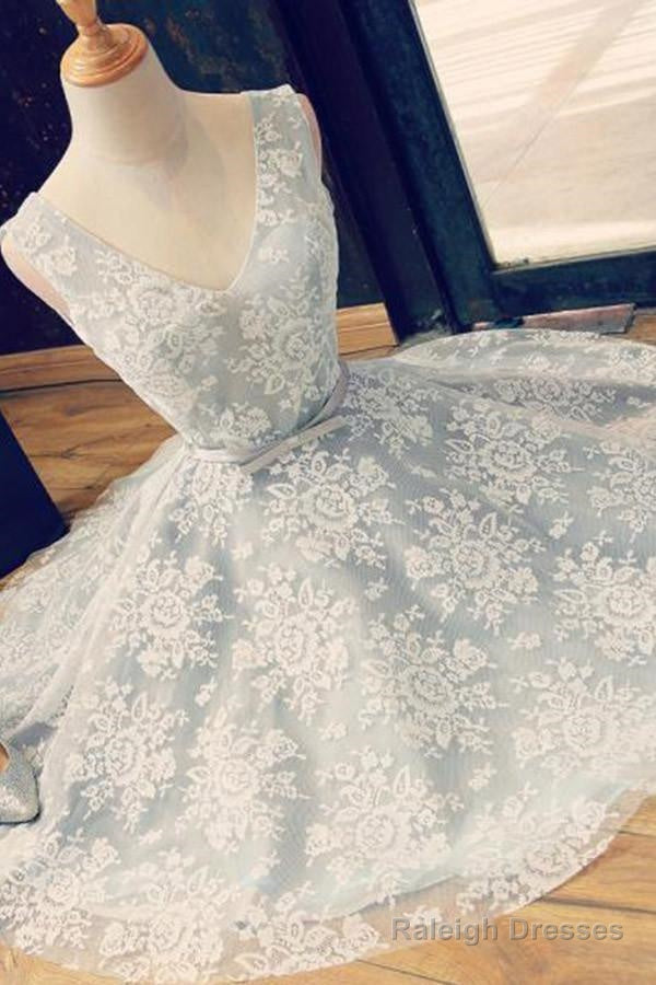 A-Line V-Neck Backless Light Blue Lace Homecoming Dress With Belt