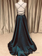 A Line V Neck Backless Prom Dress Long Simple Dark Green Prom Gowns