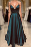 A Line V Neck Backless Long Prom Dresses Simple Dark Green Formal Evening Gowns
