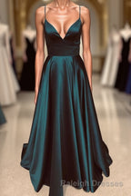 A Line V Neck Backless Prom Dress Long Simple Dark Green Prom Gowns