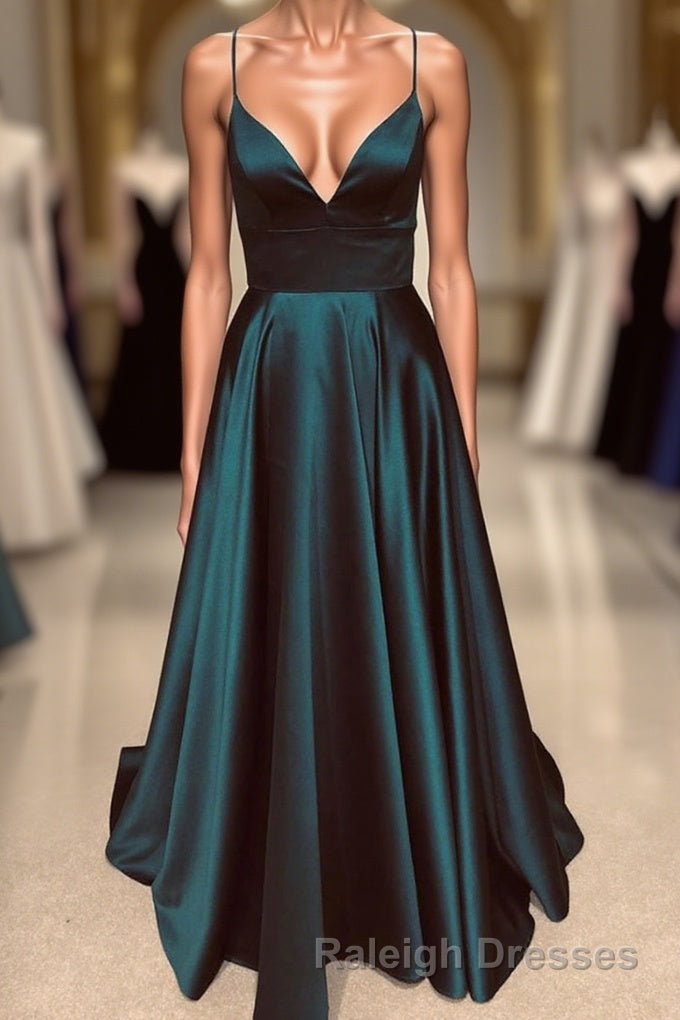 A Line V Neck Backless Prom Dress Long Simple Dark Green Prom Gowns