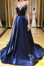 A Line V Neck Backless Navy Blue Prom Dresses, Open Back Navy Blue Formal Evening Dresses