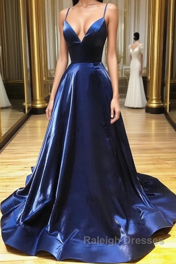 A Line V Neck Backless Navy Blue Prom Dress Open Back Navy Blue Prom Dress Main image