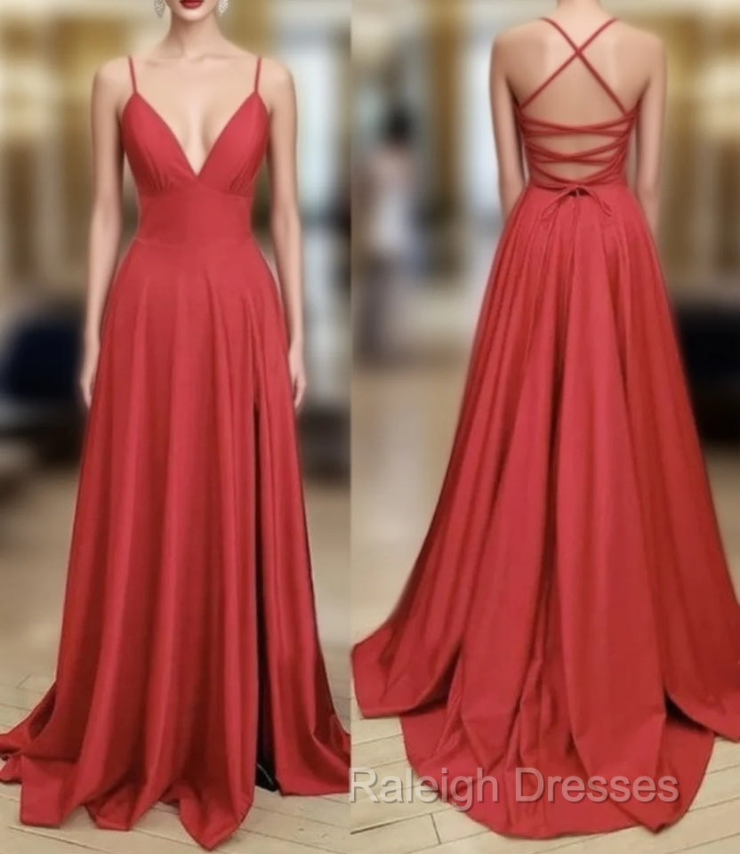 A Line V Neck Backless Red Long Prom, Backless Red Fromal, Red Evening Main image
