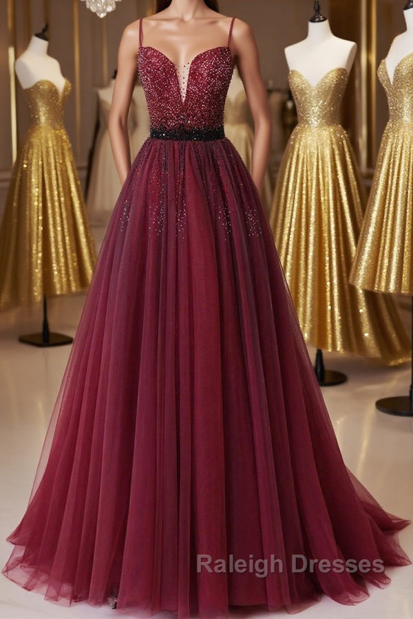 A Line V Neck Beaded Burgundy Tulle Long Prom Dress, Beaded Burgundy Formal Graduation Evening Dress Main image