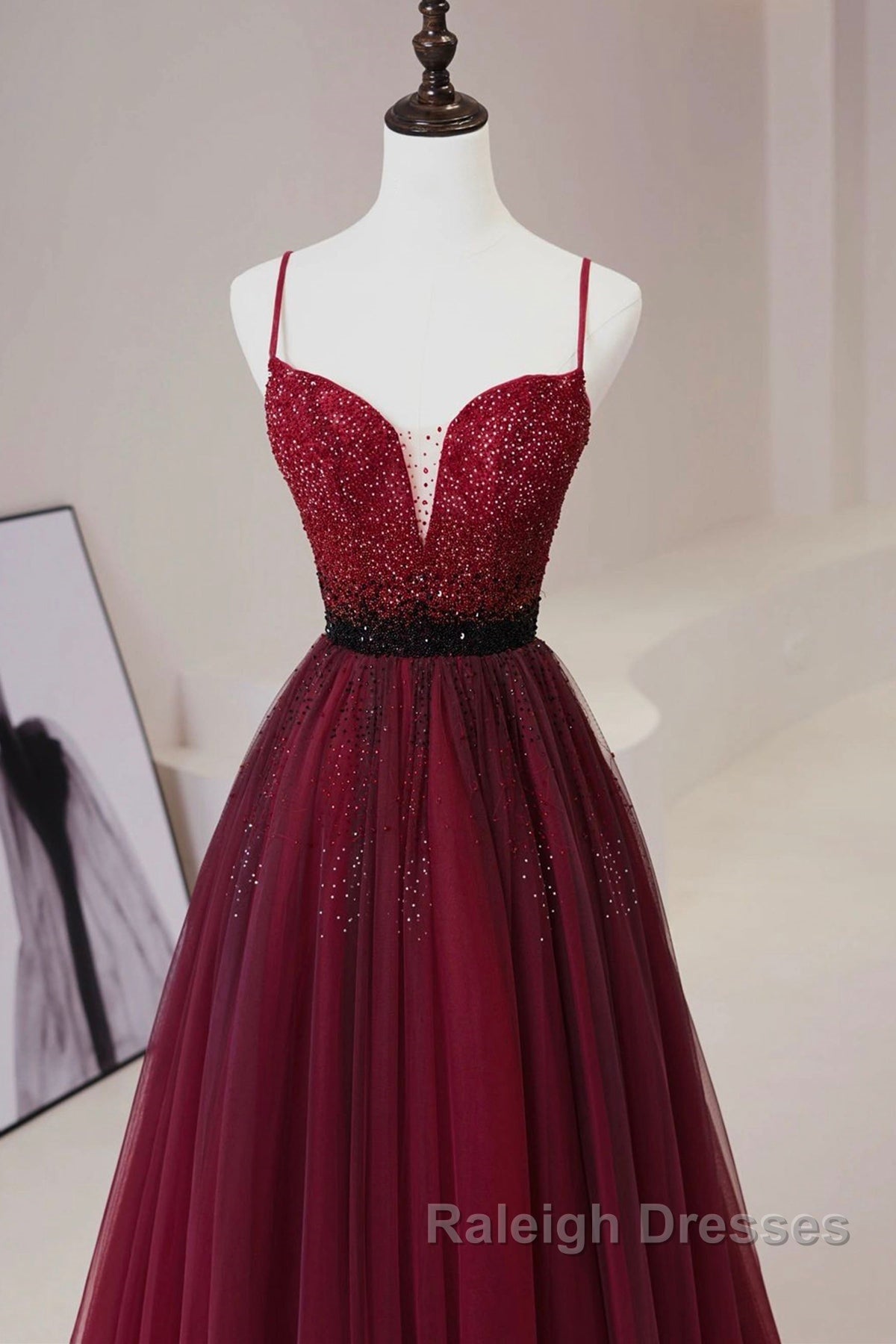 A Line V Neck Beaded Burgundy Tulle Long Prom Dress, Beaded Burgundy Formal Graduation Evening Dress Secondary image